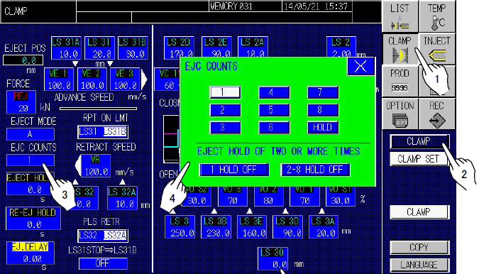 [CLAMP] screen on INJECTVISOR for toshiba injection molding machines