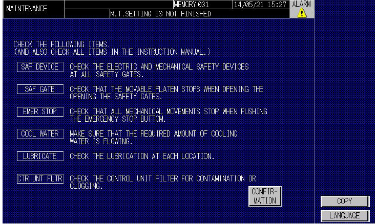 Startup confirmation screen on toshiba injection machine