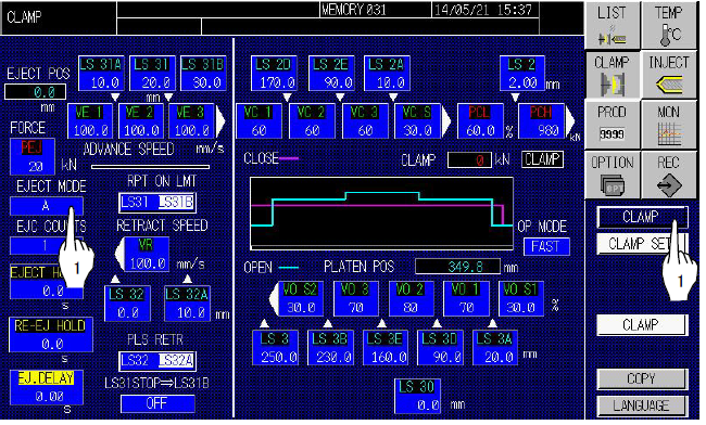 With ejector [A] circuit used in setting on injection molding machine