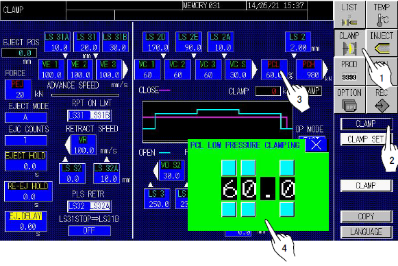 clamping pressure rate setting on PLC for mold test