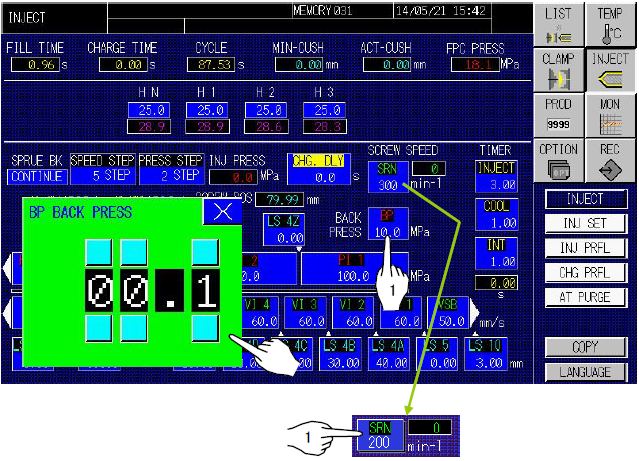 screw back pressure setting screen and process